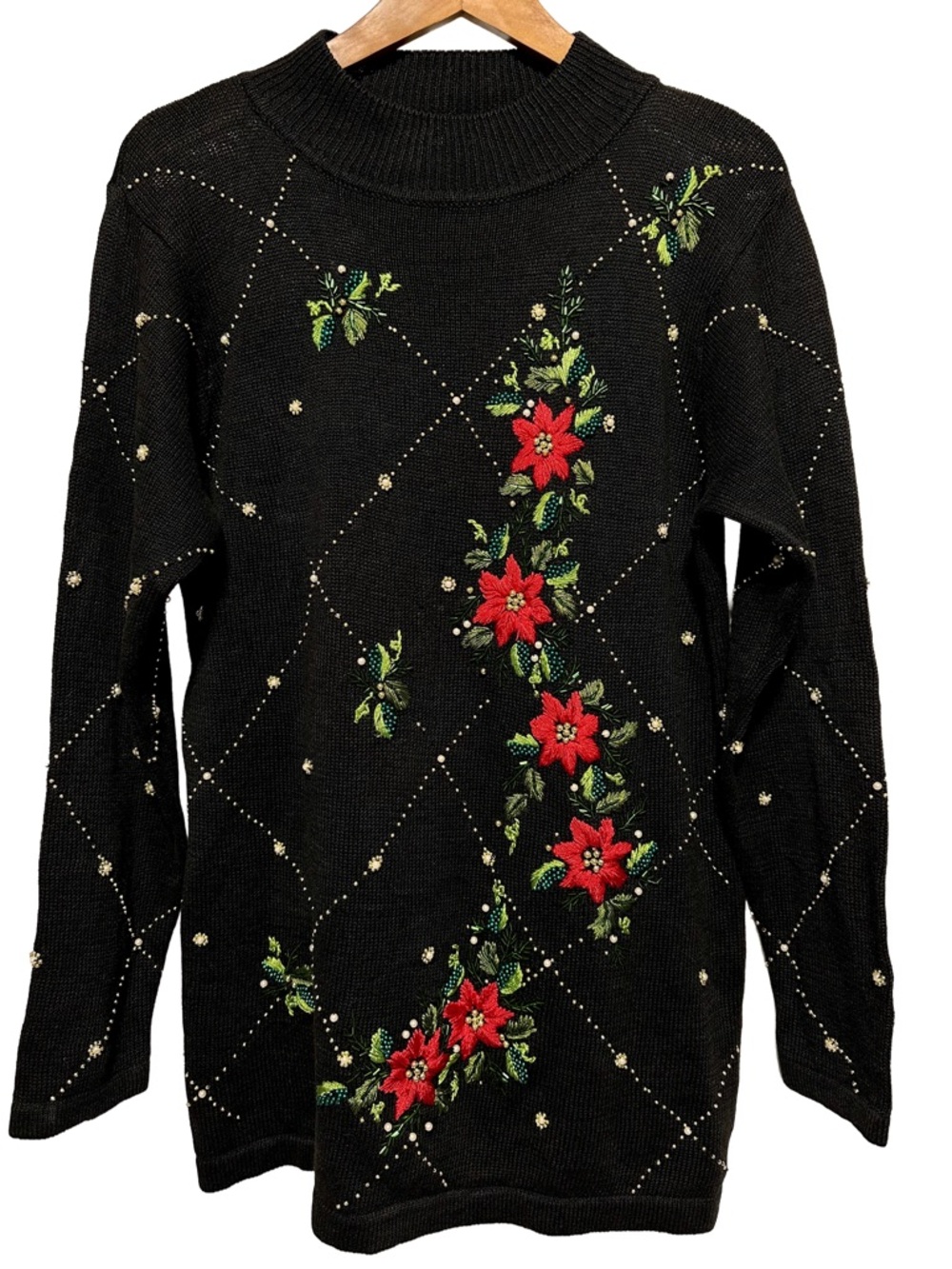 Vintage Christmas Sweater Poinsettia Beaded Embroidered Holiday Grandma Core